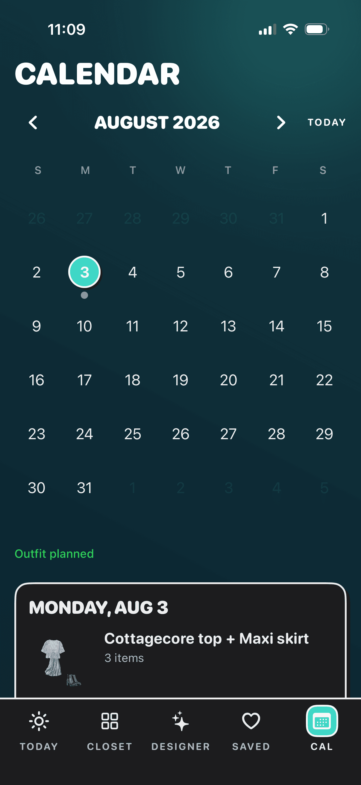 Closetcore outfit calendar planning screen.