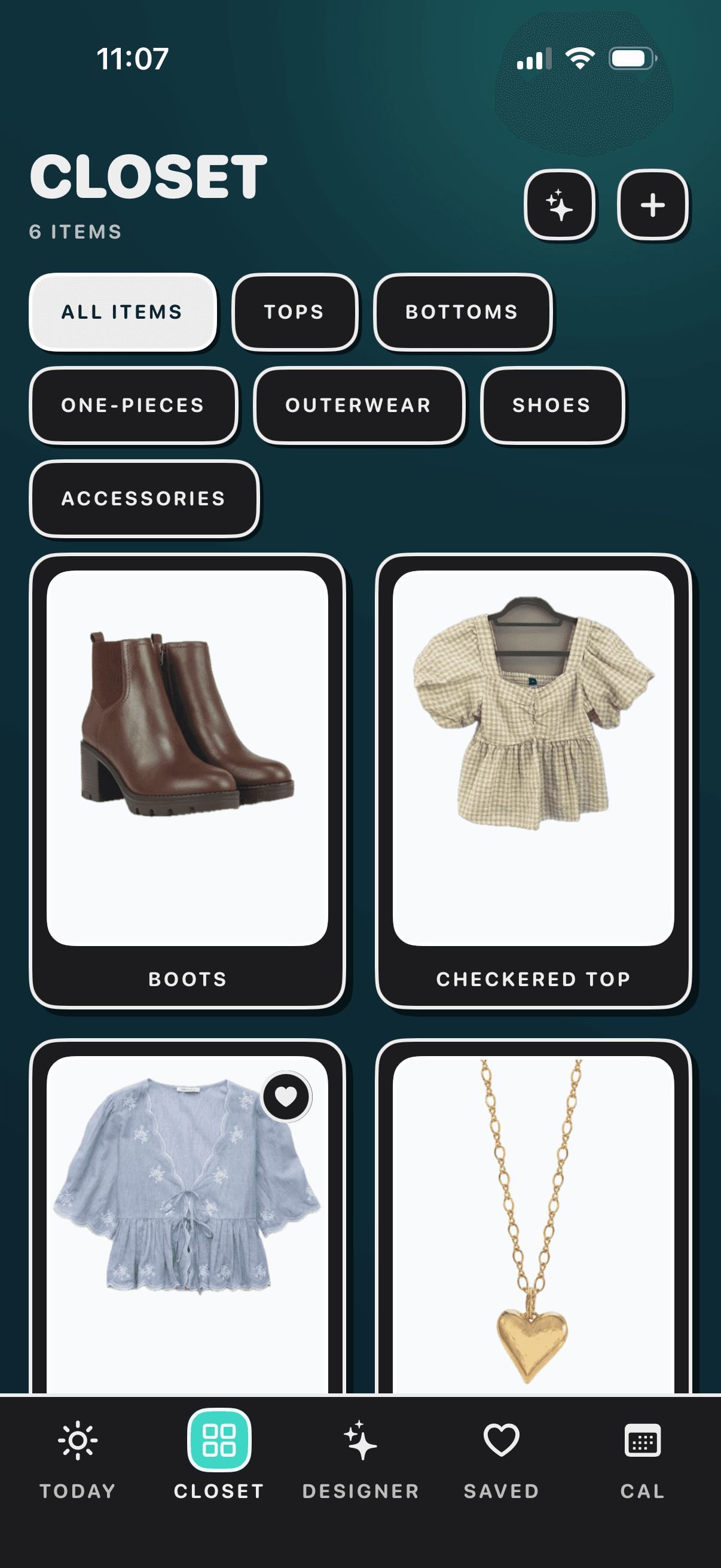 Closetcore Closet screen showing organized clothing categories.